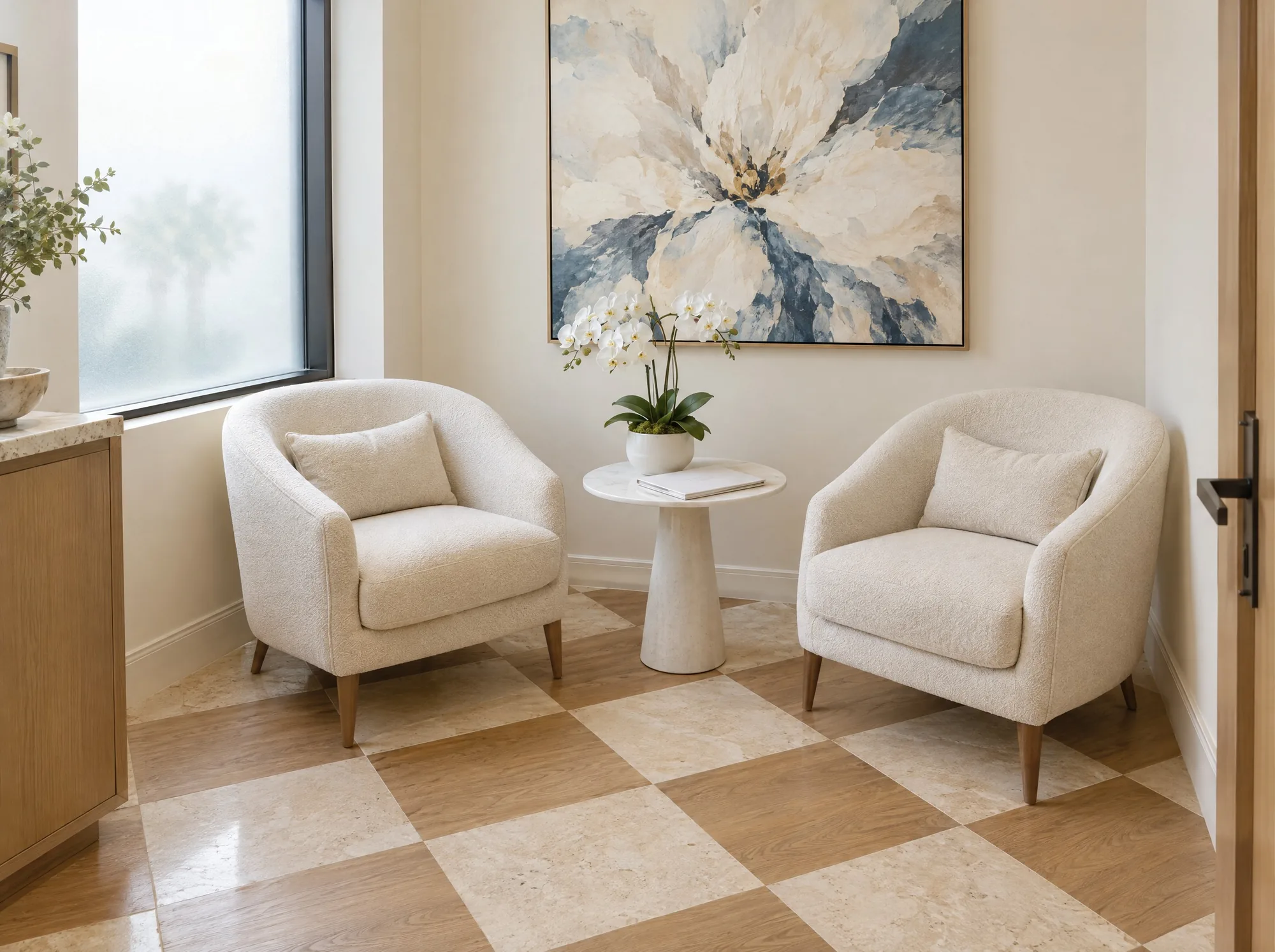 A private consultation room with two chairs, a small table and an orchid