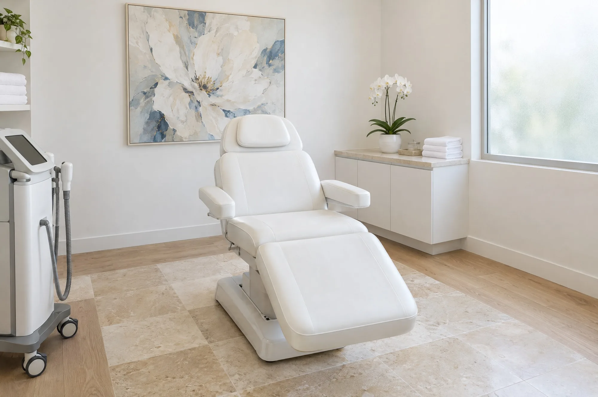 A private treatment room with a white treatment chair beside a counter with an orchid and folded towels