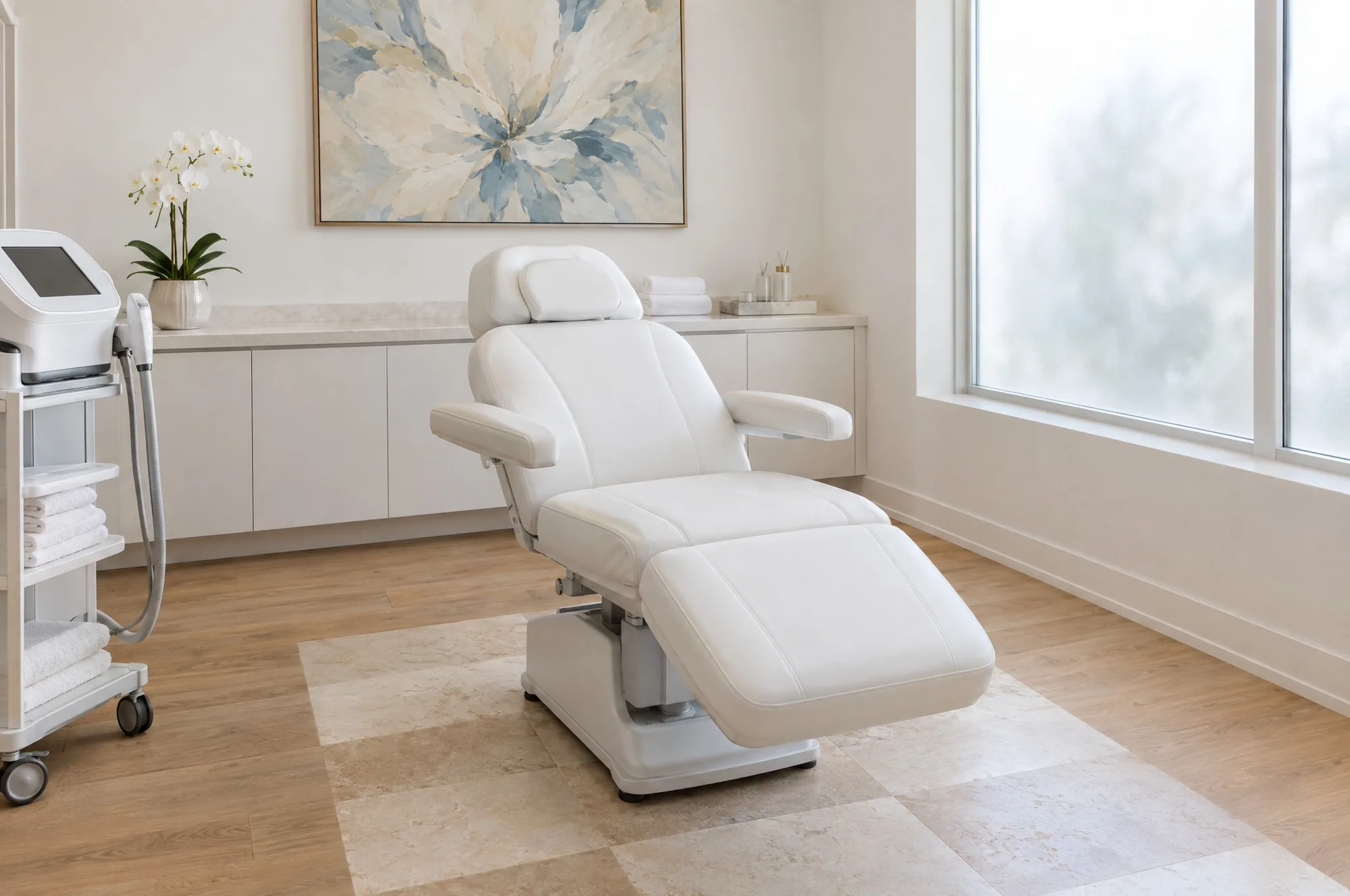 A private treatment room with one white treatment chair, a laser on a cart, folded towels and an orchid