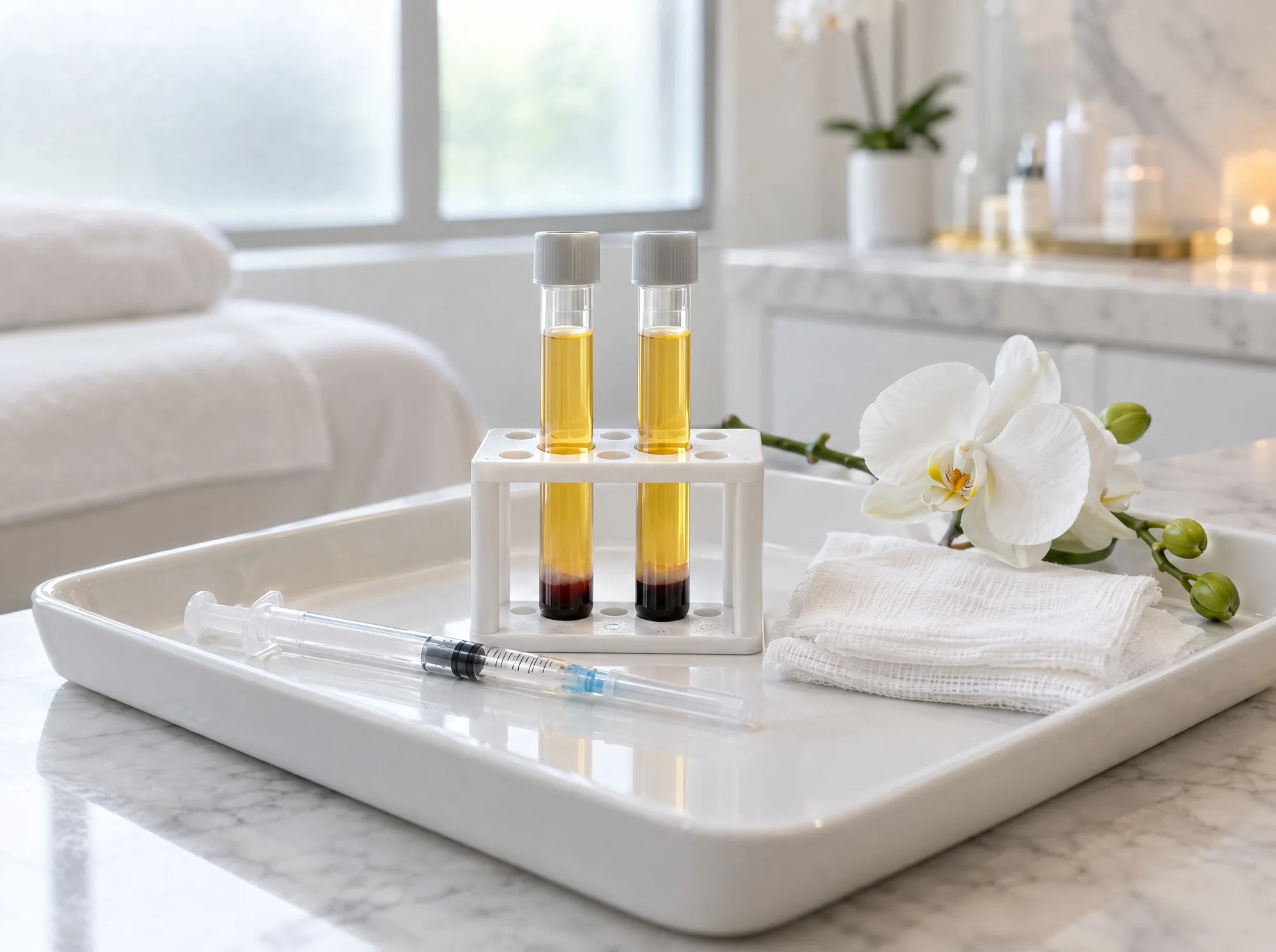 Two tubes of platelet-rich plasma in a rack on a tray with a syringe and gauze